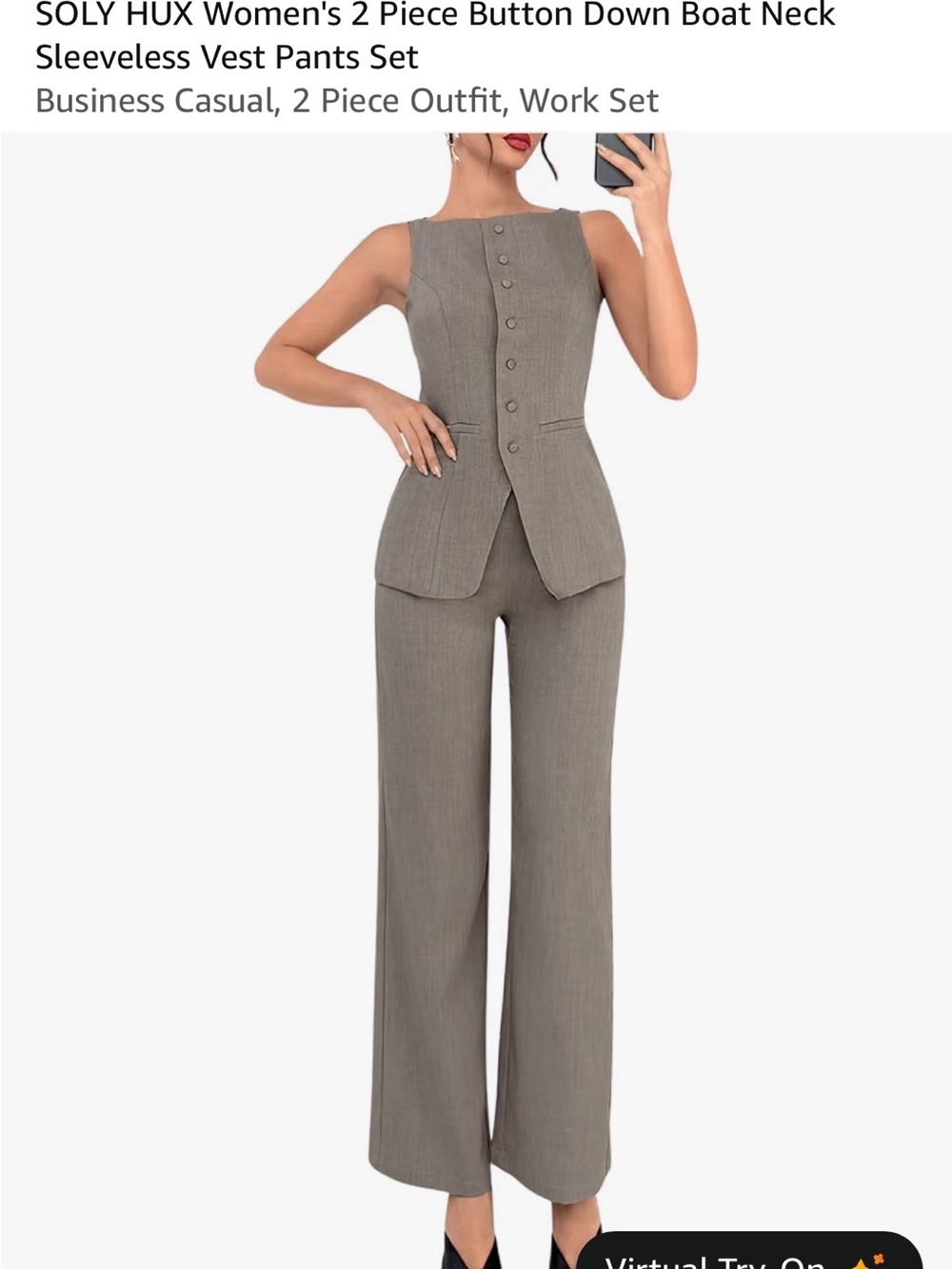 Sleeveless Button-Front Vest & Wide-Leg Pants Set — Taupe